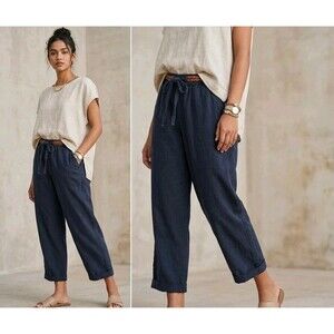 Splendid Womens L Linen Blend Wide Leg Crop Pants Navy Blue Casual Boho Coastal